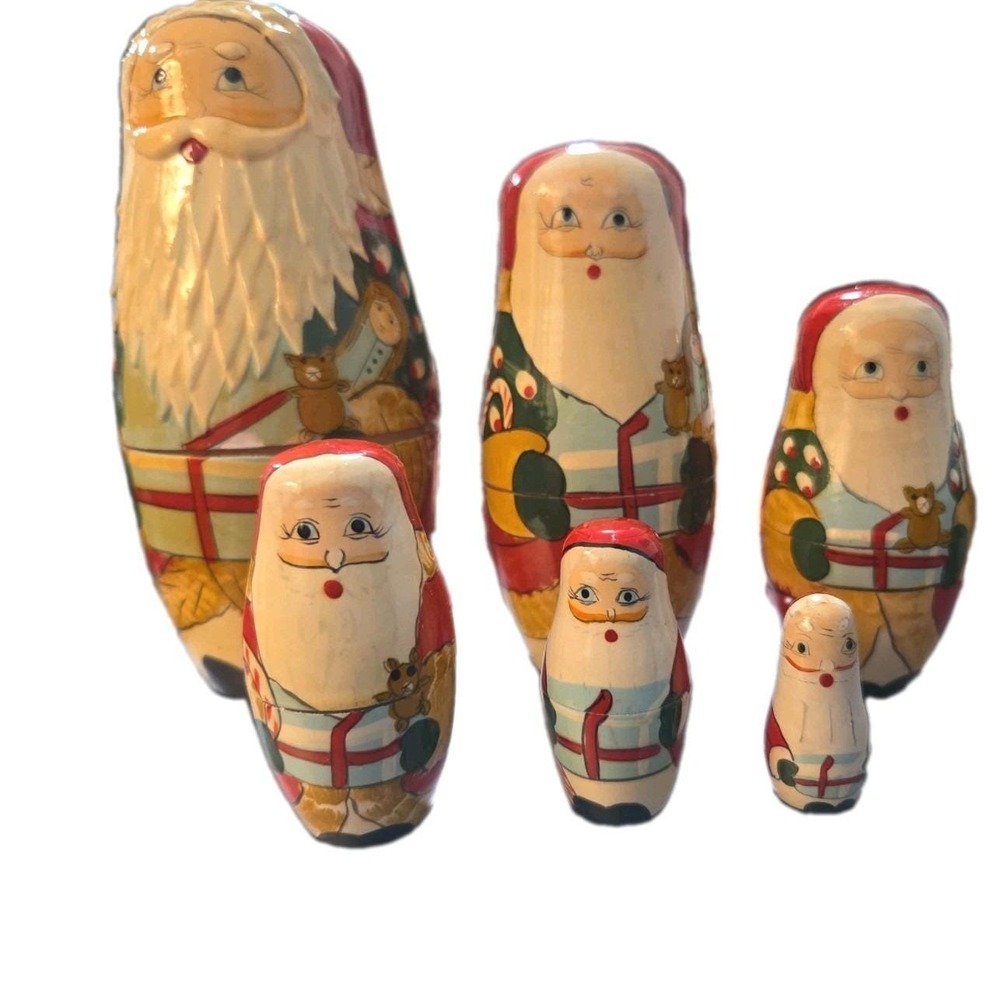Vintage KURT ADLER Santa Claus Wooden Russian Nesting Dolls Christmas SET 6